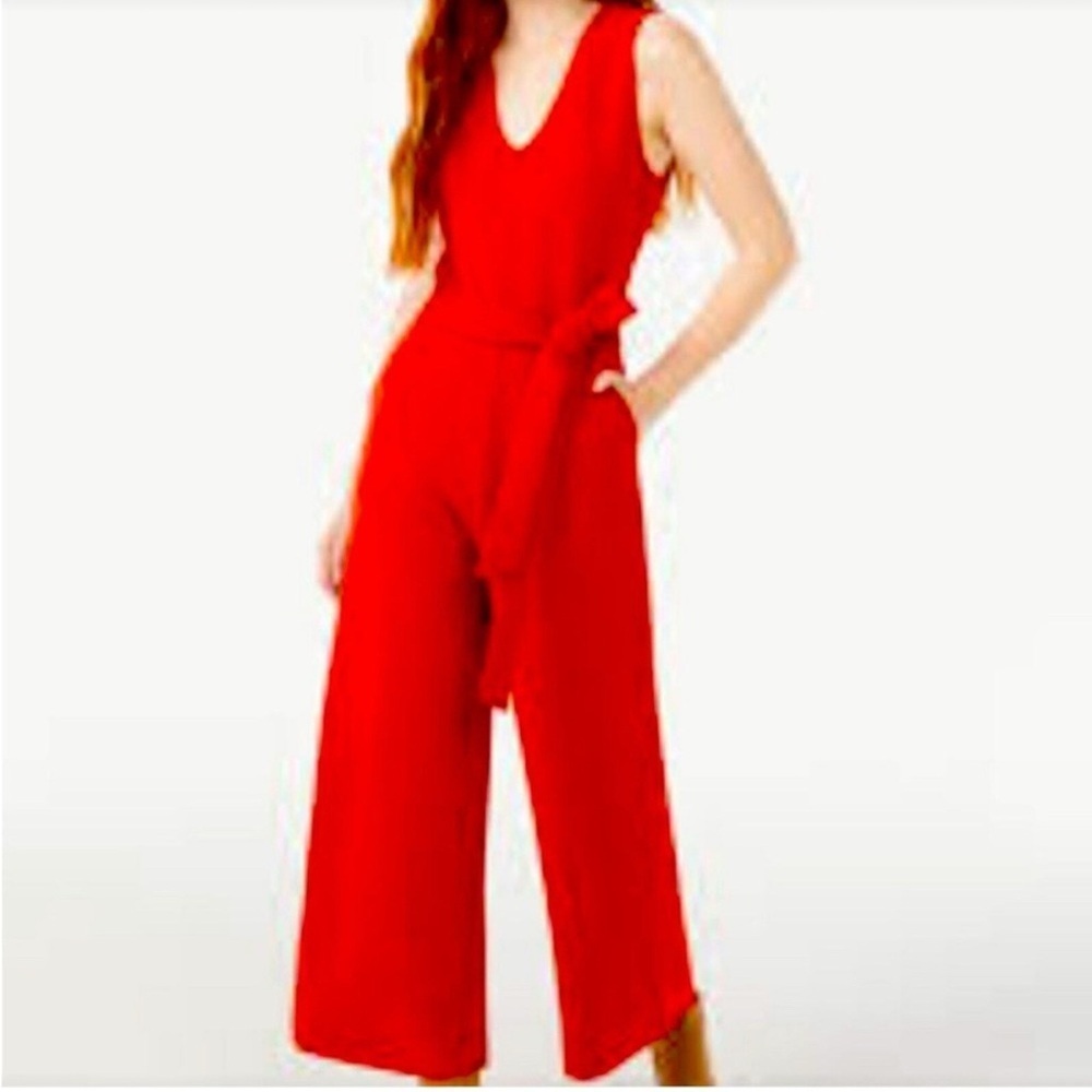 T TAHARI Red Linen Blend Sleeveless Jumpsuit Jumper Size 8